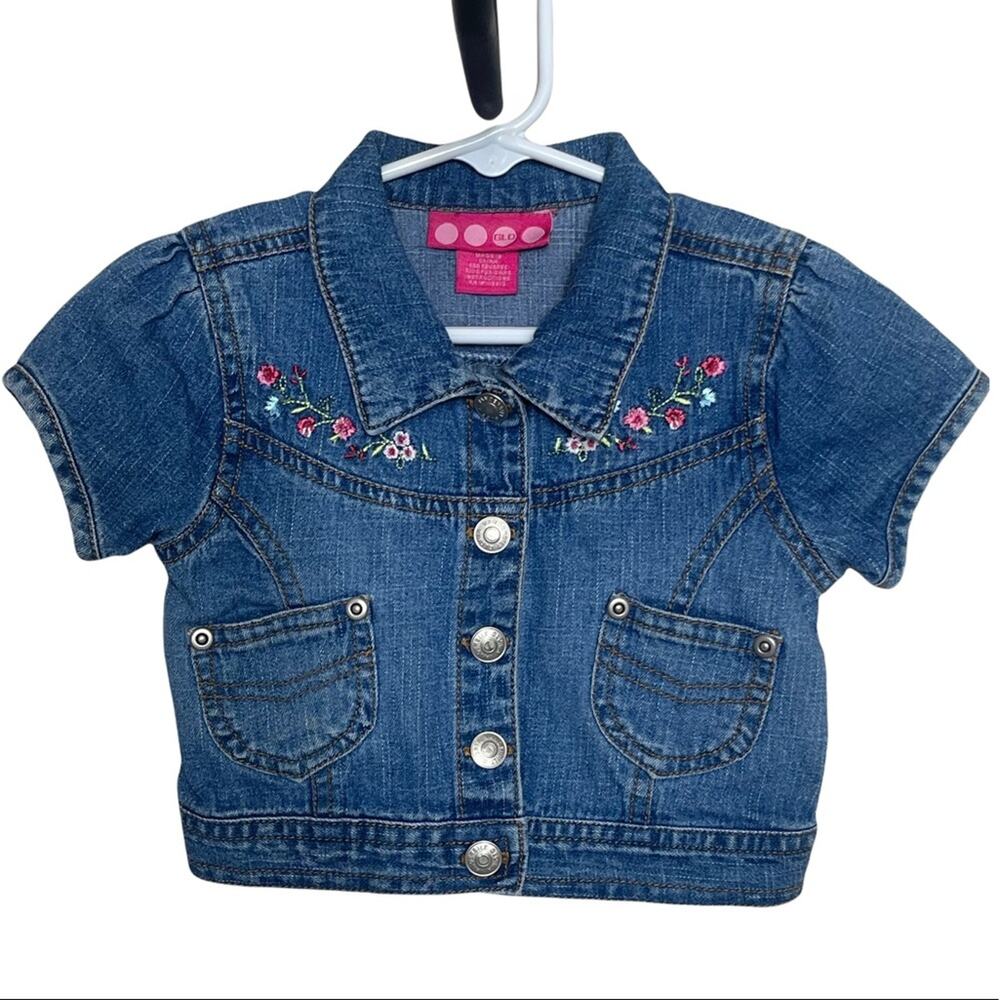 GLO Jeans Short Sleeve Collared Denim Jacket with Floral Trim Blue Multi Size 3T